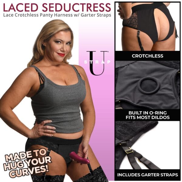 Laced Seductress Crotchless Panty Harness with Garter Straps - 2XL-3XL Laced Seductress Crotchless Panty Harness with Garter Straps - 2XL-3XL